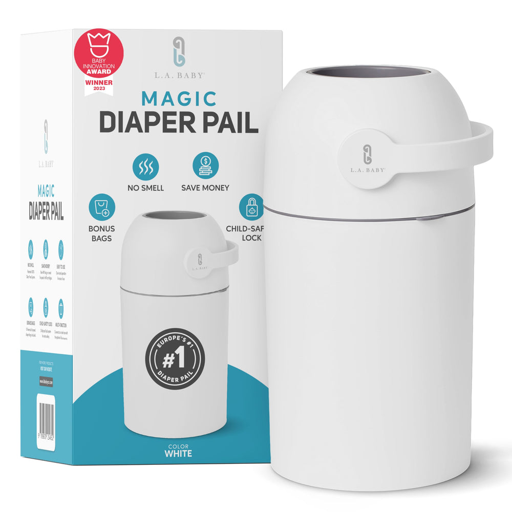 L.A. Baby Magic Diaper Pail with odor-blocking technology keeps nursery odors contained.