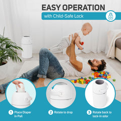 L.A. Baby Magic Diaper Pail one-handed operation makes diaper changes easier.