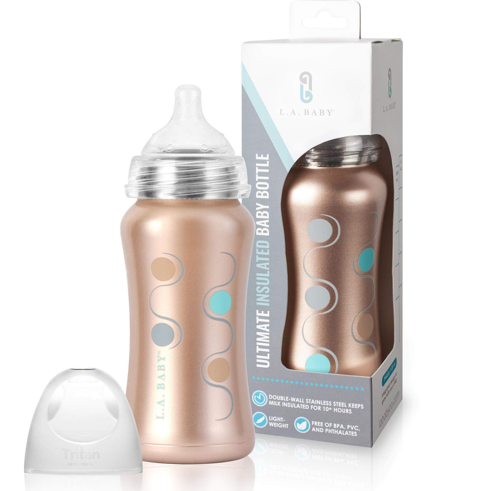 L.A. Baby 9oz rose-gold bottle body is lightweight and durable for daily feeding.