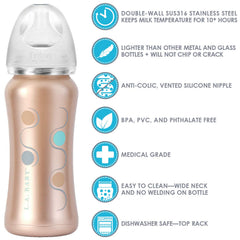 L.A. Baby rose-gold wide-neck bottle for easy filling and thorough cleaning.