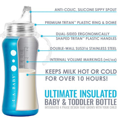 L.A. Baby Ultimate Stainless Steel Sippy Cup dome-top close-up emphasizes leak-free design.