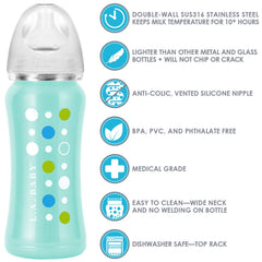 Wide-neck insulated bottle being filled, highlighting easy cleaning and filling