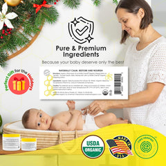 Close-up of balm being applied with a finger for quick diaper care.