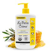 La Petite Creme liniment bottle highlights USDA organic formula for newborn skincare.