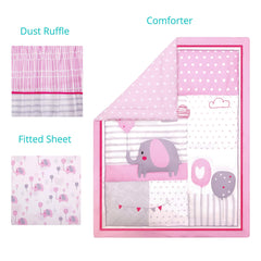La Premura pink elephant balloons crib quilt provides dual looks with reversible patchwork.