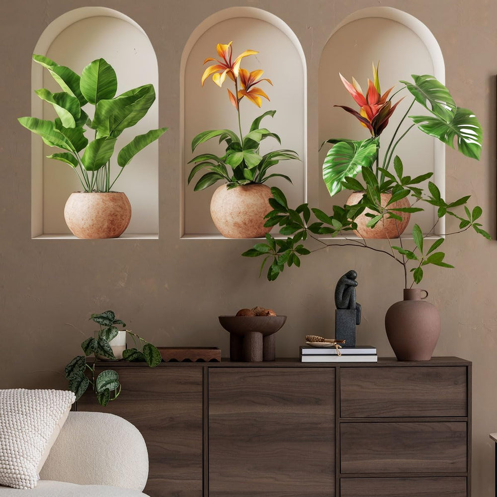 Ladinimo 3D Potted Plants Wall Sticker in the living room corner offers a lush, space-enhancing backdrop.