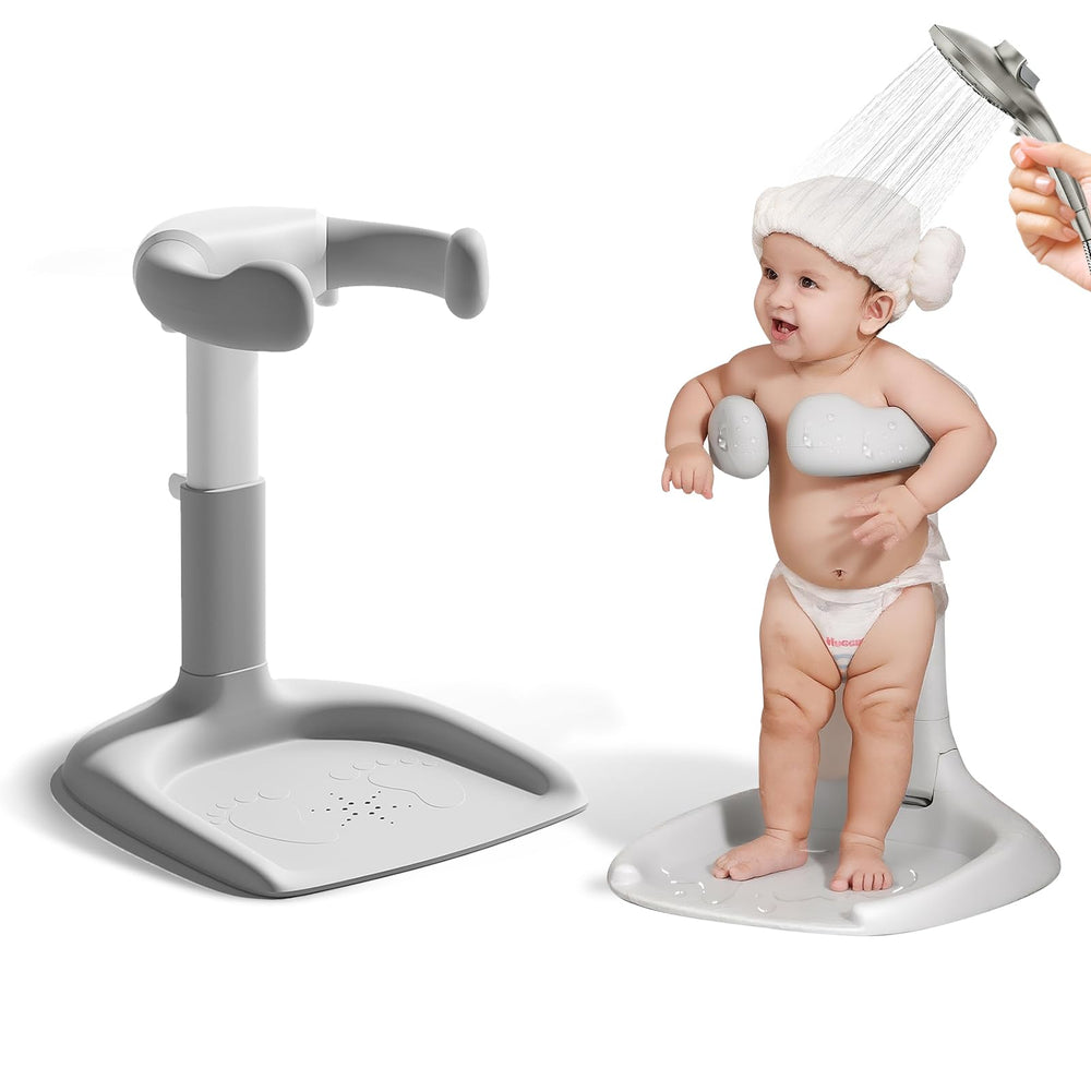 Laigoldana baby shower stand angle view highlights compact, hands-free bath time setup