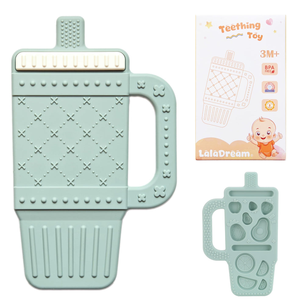 LalaDream baby teether with tumbler cup handle in Moody Blue, encouraging self-feeding exploration.