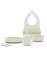 Lalo First Bites bib in oatmeal catching spills for mess protection