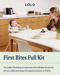 Lalo First Bites spoons in oatmeal with ergonomic handles for tiny hands