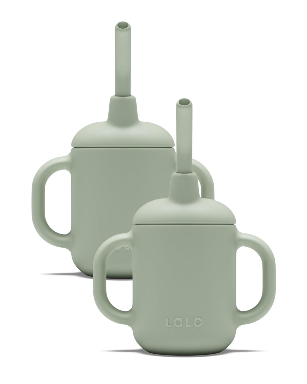 Lalo Little Cup 2-Pack sage front view with ergonomic handles for tiny hands.