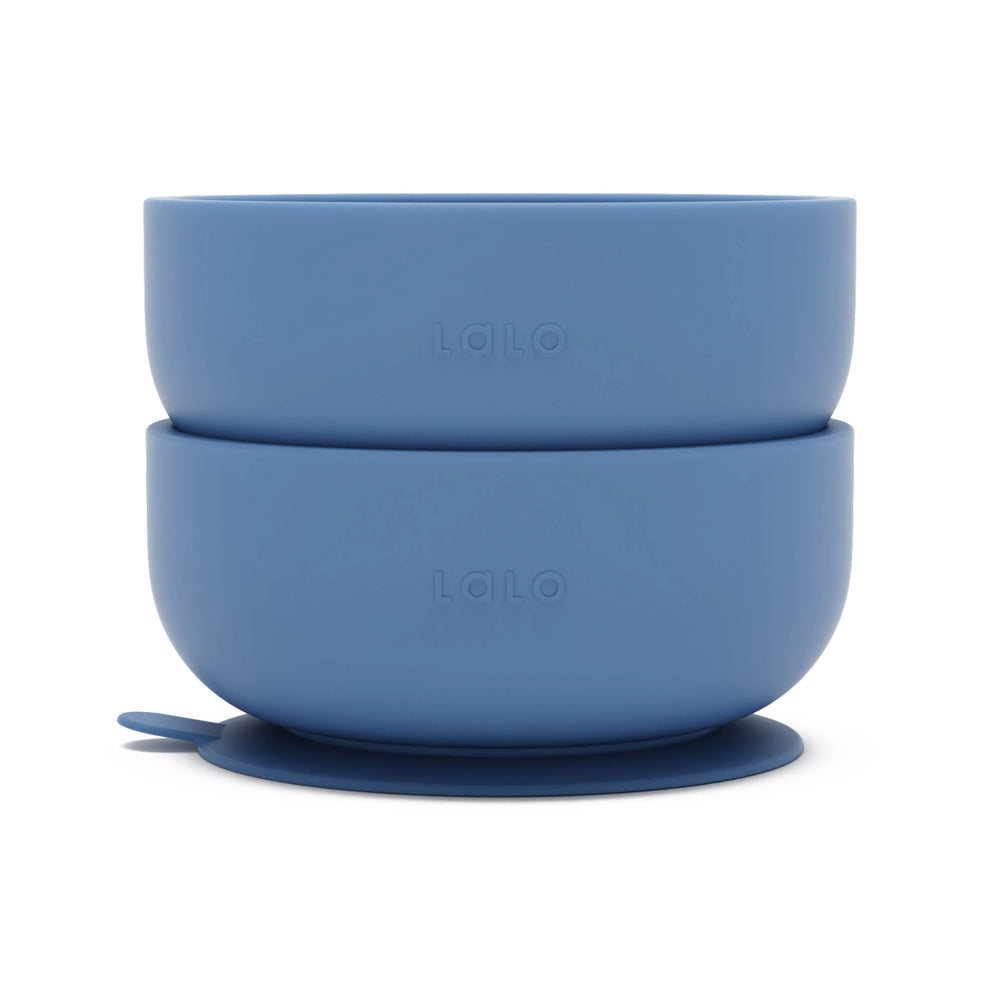 Lalo suction bowl blueberry 2-pack stacked for mess-free mealtime