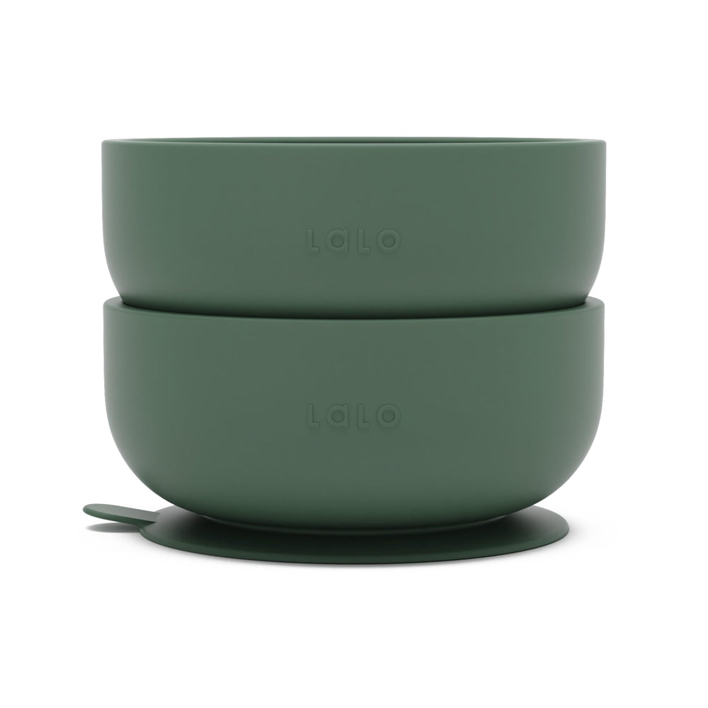 Lalo suction bowls olive two-pack front view shows non-toxic silicone base for mess-free meals