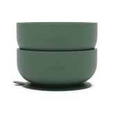 Lalo suction bowls olive two-pack front view shows non-toxic silicone base for mess-free meals