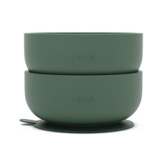 Lalo suction bowls olive two-pack front view shows non-toxic silicone base for mess-free meals