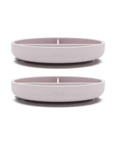 Lalo suction plates 2-pack lavender demonstrate mess-free meals with a secure silicone base.