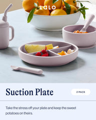 Lalo suction plates suction-base highlights stability to prevent tip-overs during toddler meals.