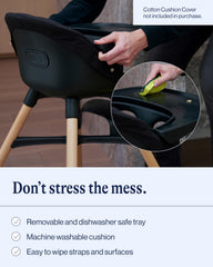 Lalo The Chair Licorice dishwasher-safe tray promises easy cleanup after feedings.