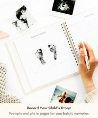 Lamare Baby First Year Book milestones spread showcasing growth steps and memories.