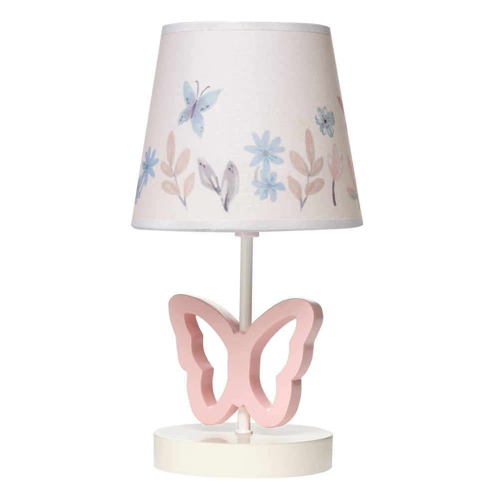 Lambs & Ivy Baby Blooms pink butterfly lamp base provides gentle nursery lighting.