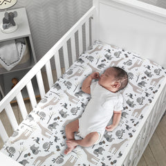 Lambs & Ivy Baby Jungle elephants pattern with elastic edge promotes secure fit.