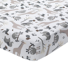Lambs & Ivy Baby Jungle giraffes crib sheet offers breathable cotton for comfort.