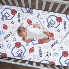 Lambs & Ivy Baby Sports checkered background with sports balls for playful nursery styling.