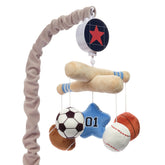 Lambs & Ivy baby sports mobile crossbars boost visual tracking and nursery charm.