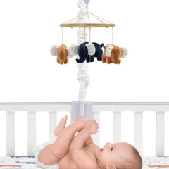 Lambs & Ivy blue elephants closeup showcases soft velour textures for baby engagement.