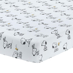 Lambs and Ivy Classic Snoopy crib sheet with Snoopy design offers a cozy breathable fit.