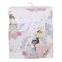 Lambs & Ivy Disney Princess blanket showing pink shearling back for warm snuggles