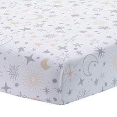 Lambs & Ivy Goodnight Moon sheet moon closeup showcases soft gray and copper moons for soothing bedtimes.
