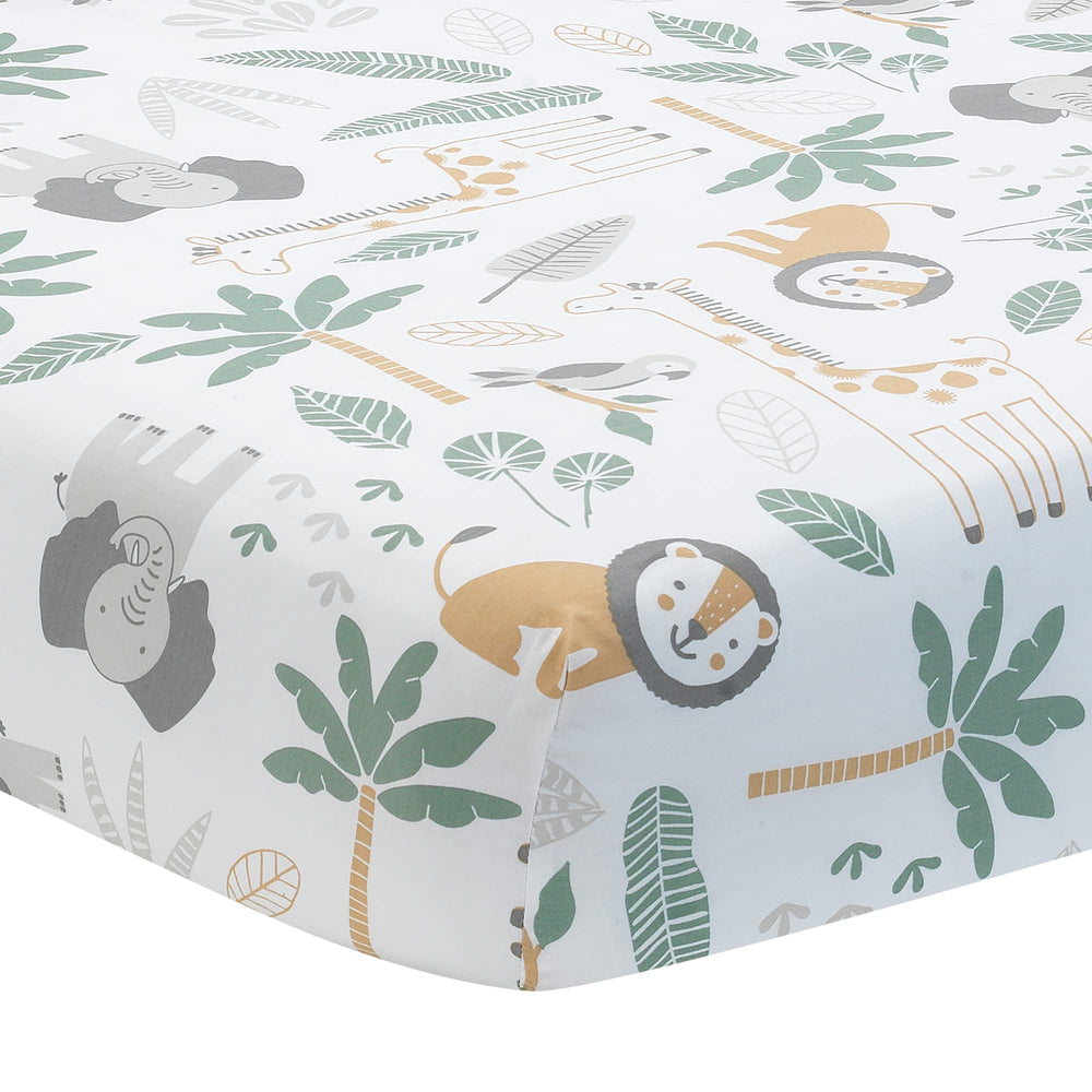 Lambs & Ivy Jungle Friends crib sheet closeup stitching demonstrates durable, breathable cotton for cozy naps