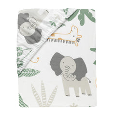 Lambs & Ivy Jungle Friends crib sheet elephants giraffes lions birds print adds playful nursery charm