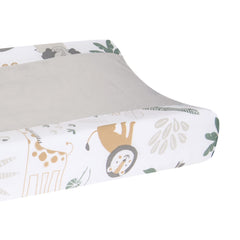 Lambs & Ivy Jungle Friends gray changing pad cover side panels show 100% cotton for durable, easy-care style