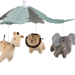 Lambs & Ivy Jungle Friends Mobile attached to standard crib for quick setup