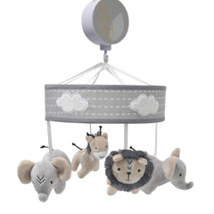 Lambs & Ivy Jungle Safari mobile in gray crib view coordinating nursery decor.