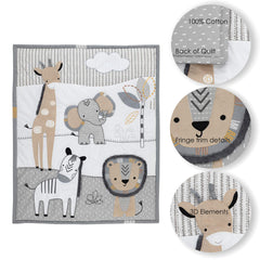 Lambs & Ivy Jungle Safari animal-print sheet paired with gray solid for versatile styling