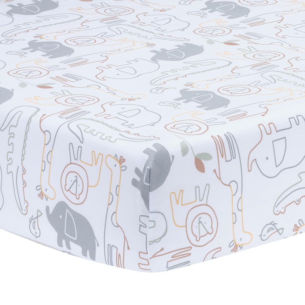 Lambs & Ivy Jungle Story crib sheet close-up showcases breathable 100% cotton comfort.