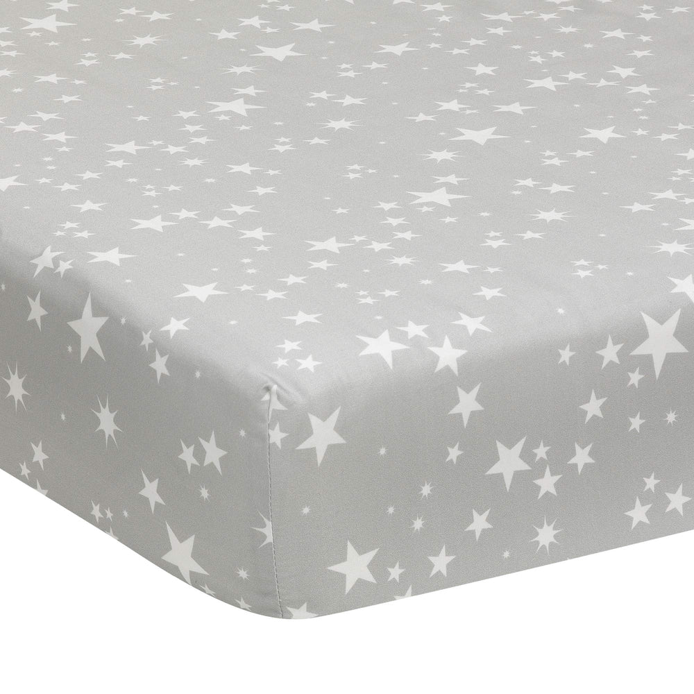 Lambs & Ivy Milky Way gray stars closeup highlights breathable 100% cotton for baby's comfort.