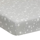 Lambs & Ivy Milky Way gray stars closeup highlights breathable 100% cotton for baby's comfort.