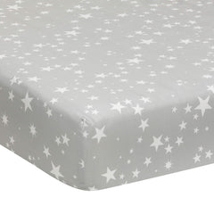 Lambs & Ivy Milky Way gray stars closeup highlights breathable 100% cotton for baby's comfort.