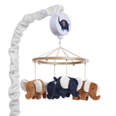 Lambs & Ivy Playful Elephant Mobile rotates with blue elephants to soothe baby.