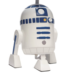 R2-D2 lamp shade showing TIE fighters on a gray starry backdrop for nighttime decor