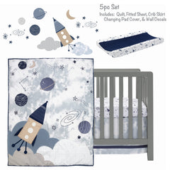 Lambs & Ivy Sky Rocket breathable 100% cotton fitted sheet for safe sleep surface.