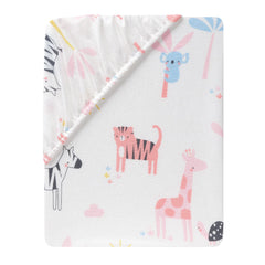 Lambs & Ivy Snuggle Jungle pastel print detail featuring safari animals