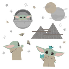 Lambs & Ivy Baby Yoda decals in three poses create a playful wall mural.
