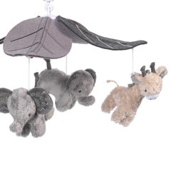 Lambs & Ivy taupe-minky giraffes and elephants highlight soft textures and calming visuals