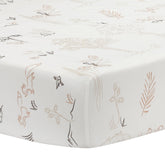 Lambs & Ivy Treetop Fox forest scene sheet offers breathable cotton comfort for crib nights.