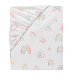 Lambs & Ivy Watercolor Rainbow sheet elastic edge visible ensures secure crib fit.